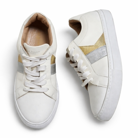 LK Bennett Shoes - L.K. Bennett London White Leather Sneakers Gold Silver Detail Size 40 Women